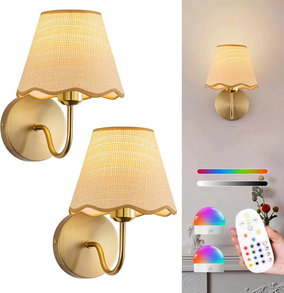 Rattan wireless wall lamp with warm glow in a bedroom