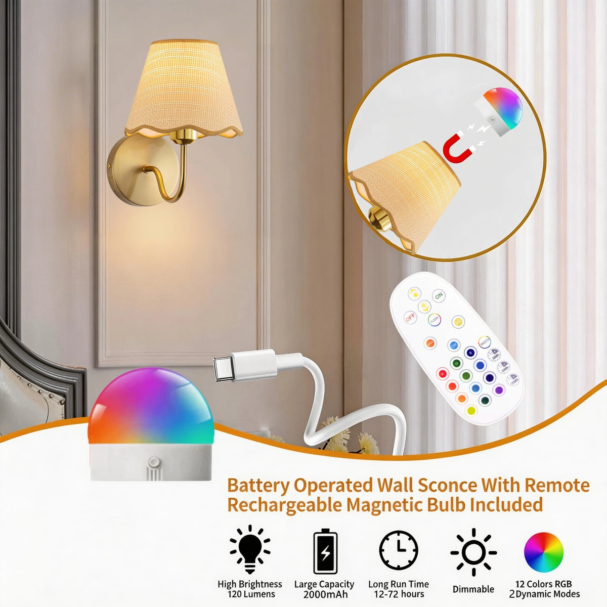 Wireless wall lamp with remote control and 15 color options